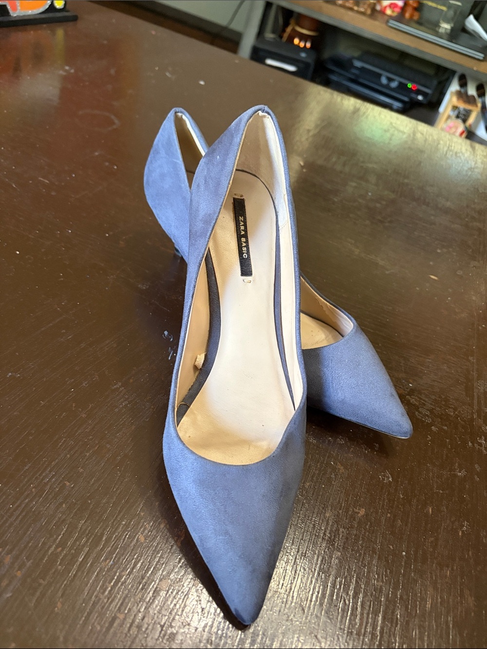 Zara Pointed Suede Pumps in Slate Blue